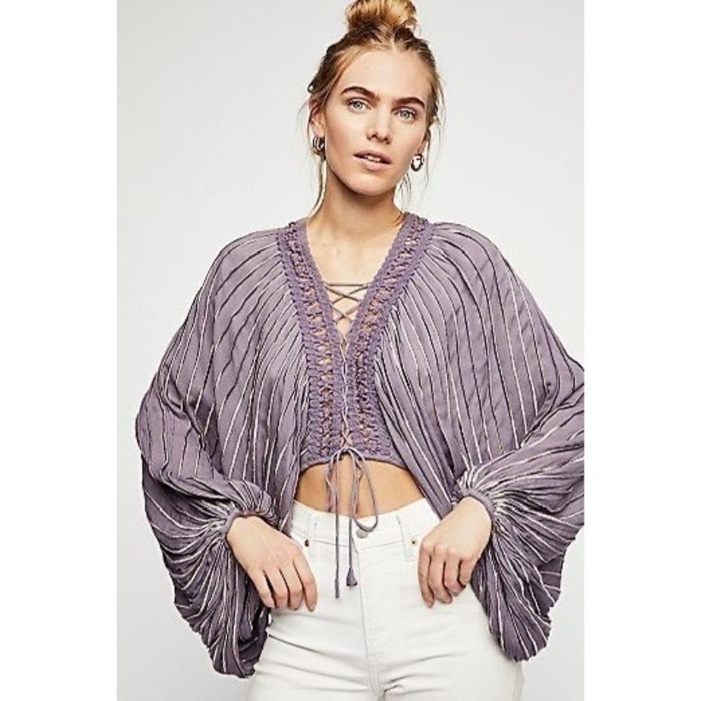 Free People Purple Metallic Stripe Lace Up Crochet Boho Dolman Crop Top